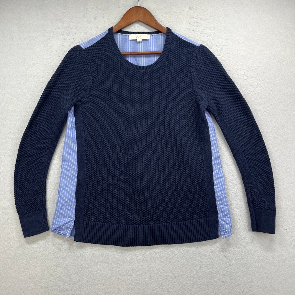 LOFT Sweater Womens M Navy Mixed Media Pinstripe Contrast Back Knit Preppy